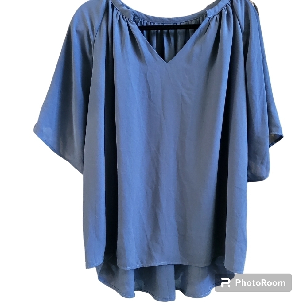 2X Blue Short Bell Sleeve Office Work Career Blouse Flowy